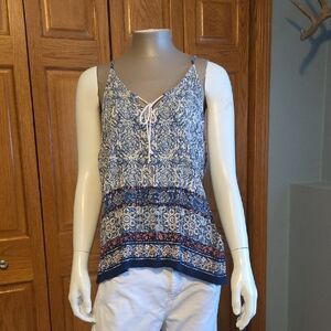 Blue Printed Spaghetti-Strap Cami with Tie Detail